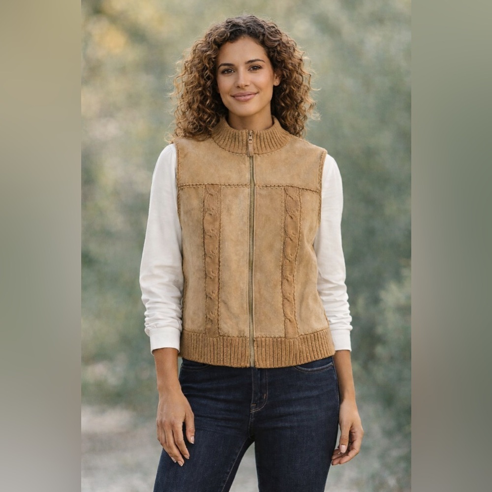 Vintage Designers Studio Originals Suede Leather and Cable Knit Vest Tan Size M